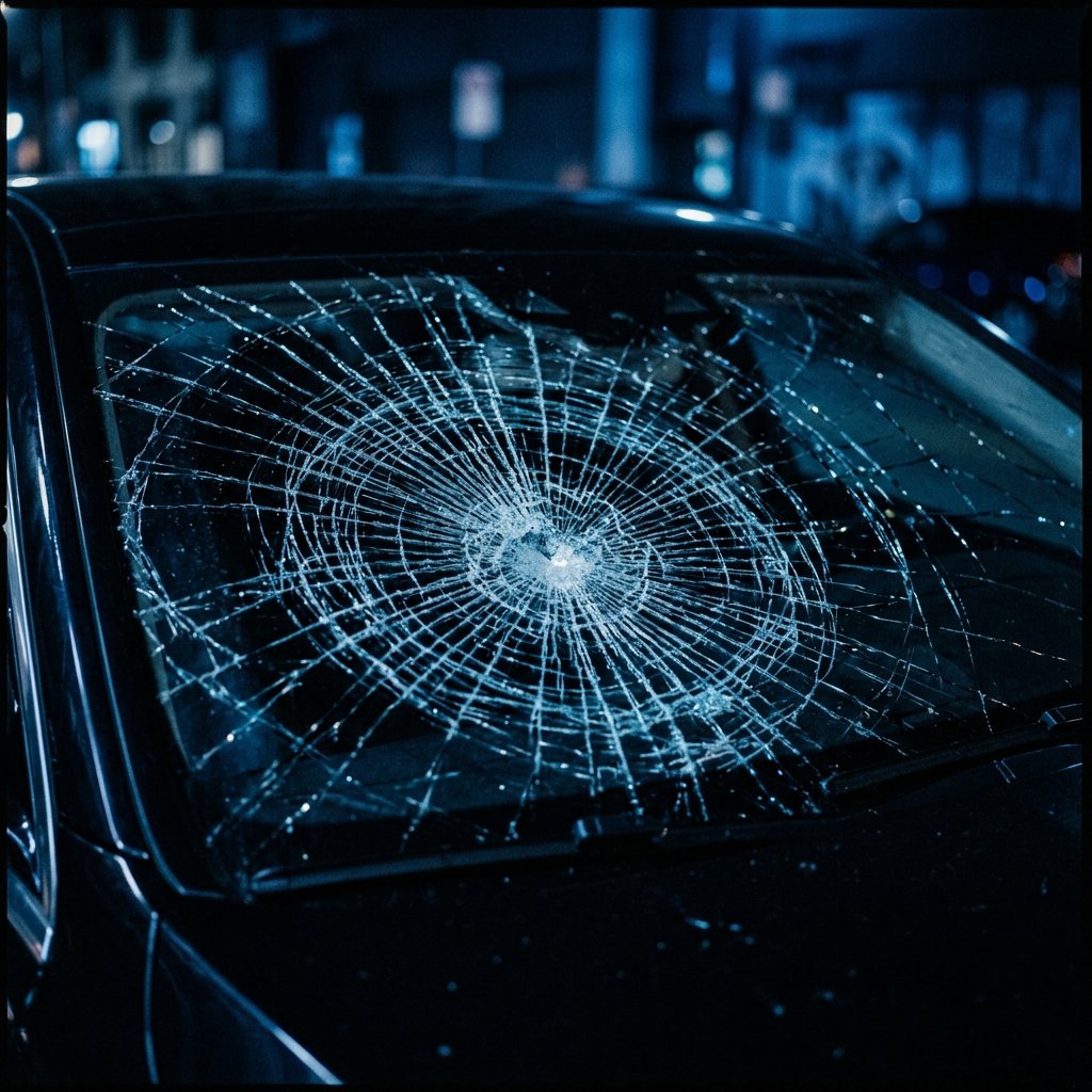Severely cracked windshield spider web fracture